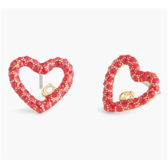 New Coach Faux Stone Pave Heart Red Stud Earrings Holiday Christmas Box - Picture 2 of 7